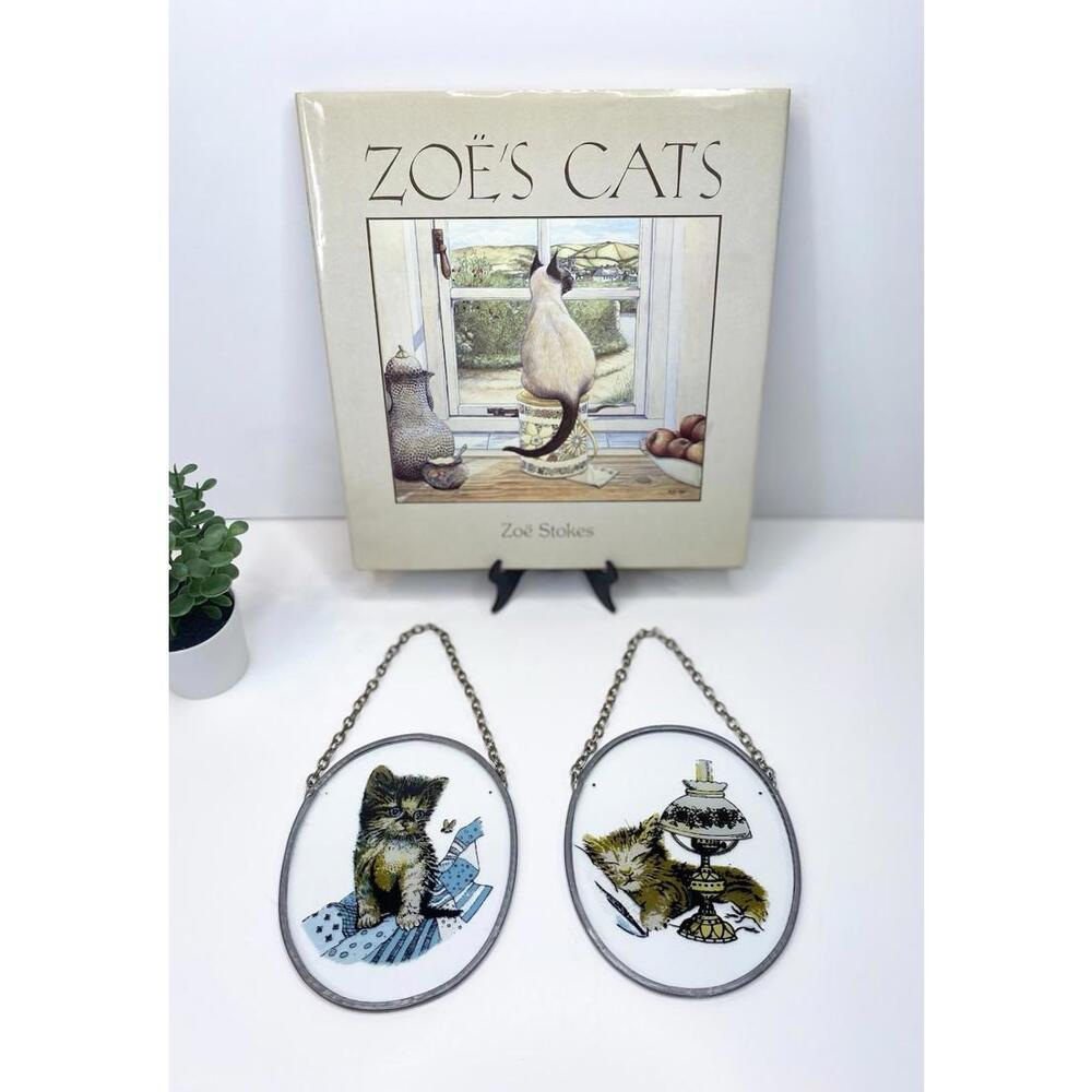 Vintage Stained Glass Cat Design Leaded Window Sun Catcher Plaque Set Cat Lover